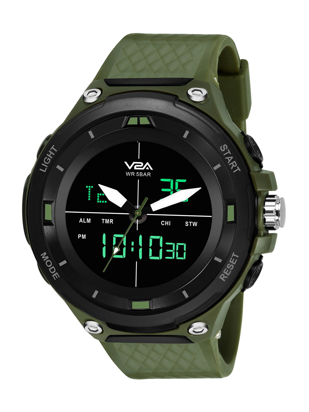 V2A Men Black Dial & Green Straps Analogue Multi Function Watch
