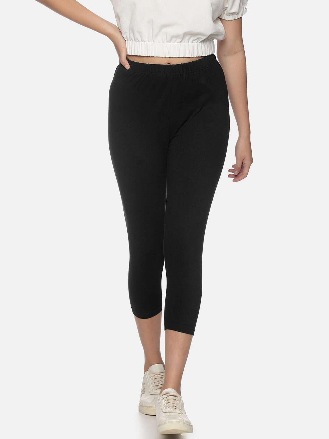 NOT YET by us Women Black Solid Mid-rise Stretch Capris