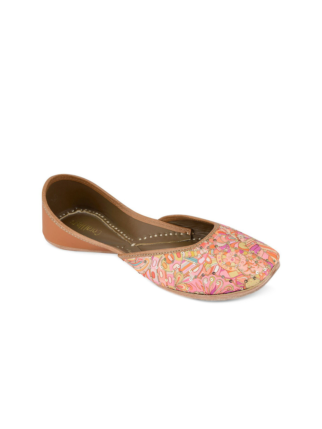 Coral Haze Women Peach-Coloured Embellished Leather Ethnic Mojaris Flats