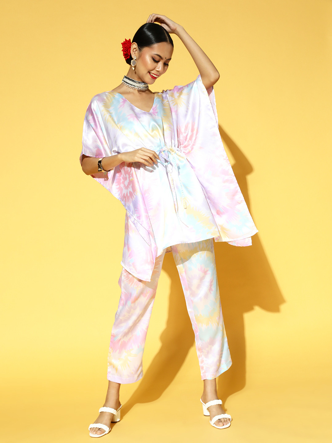 PANIT Women White & Pink Leheriya Printed Kaftan Kurta with Trousers