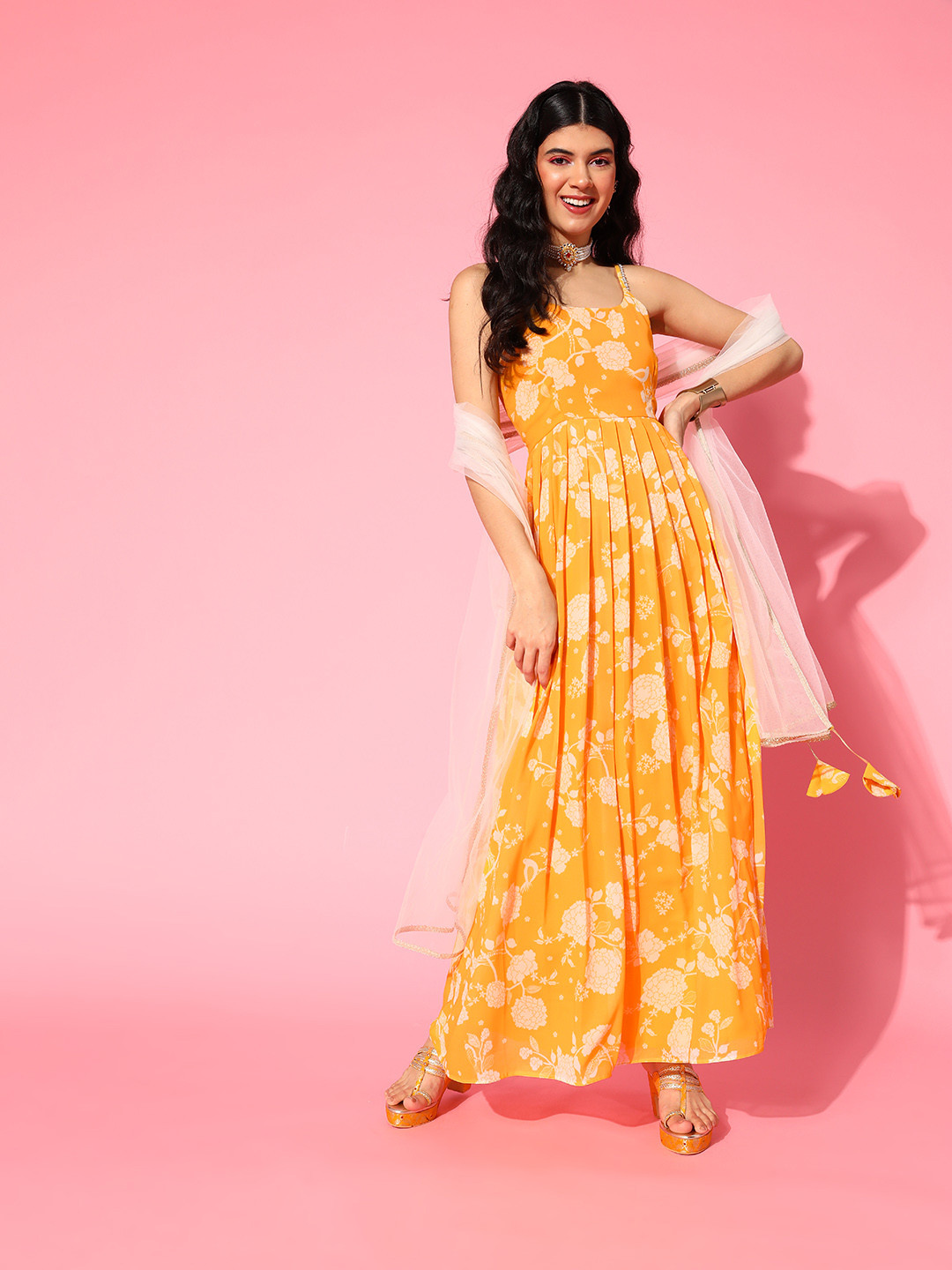Inddus Stylish Mustard Georgette Gown for Days Kurta
