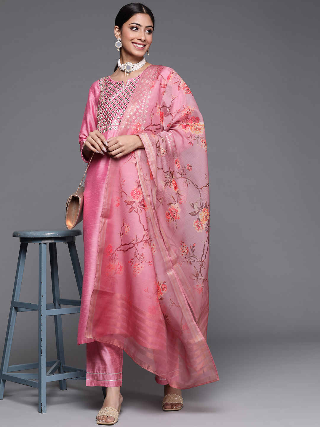 Varanga Women Pink Ethnic Motifs Embroidered Mirror Work Kurti with Trousers & Dupatta