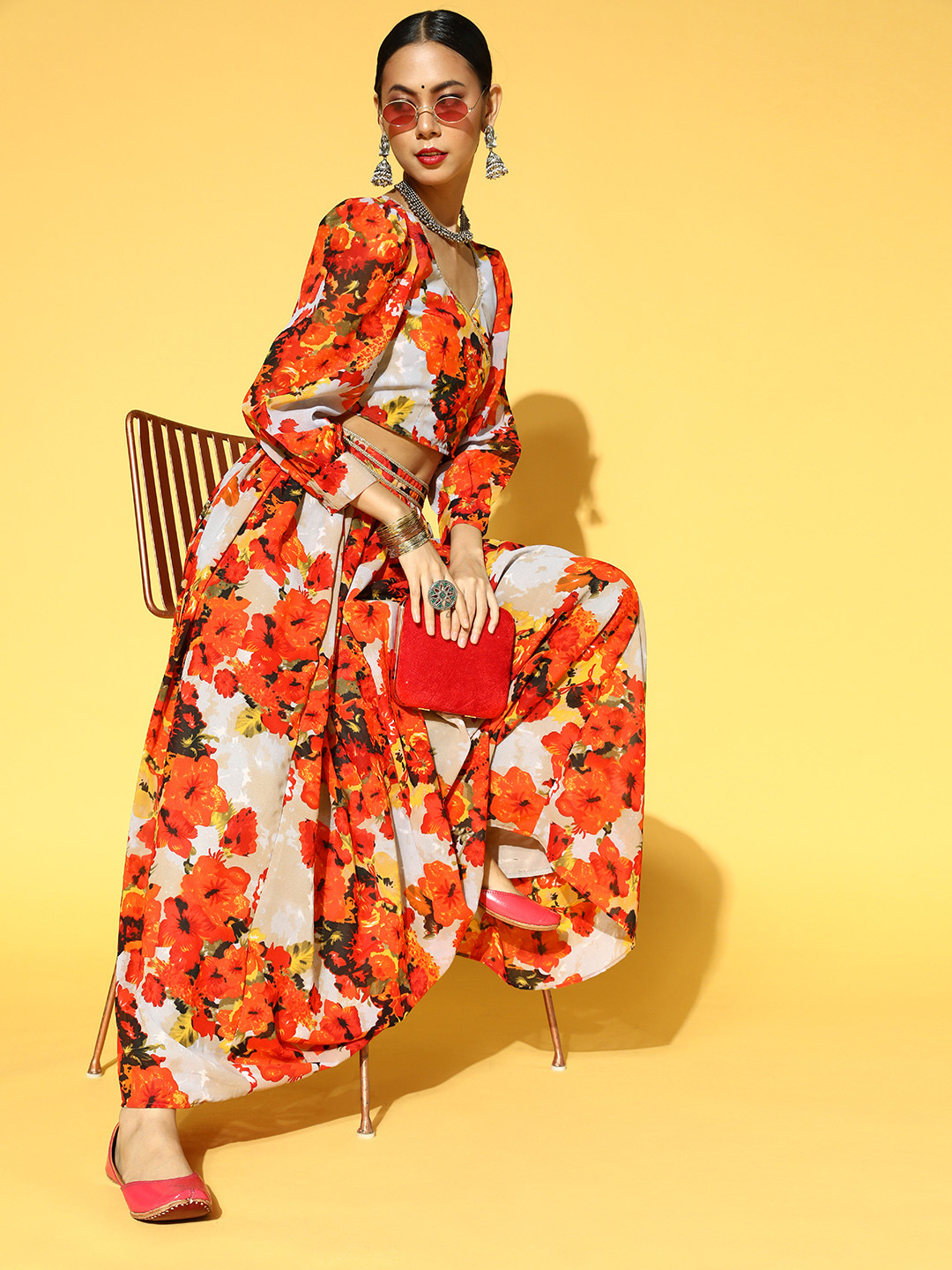 PANIT Orange & Grey Floral Print Ready to Wear Lehenga & Choli