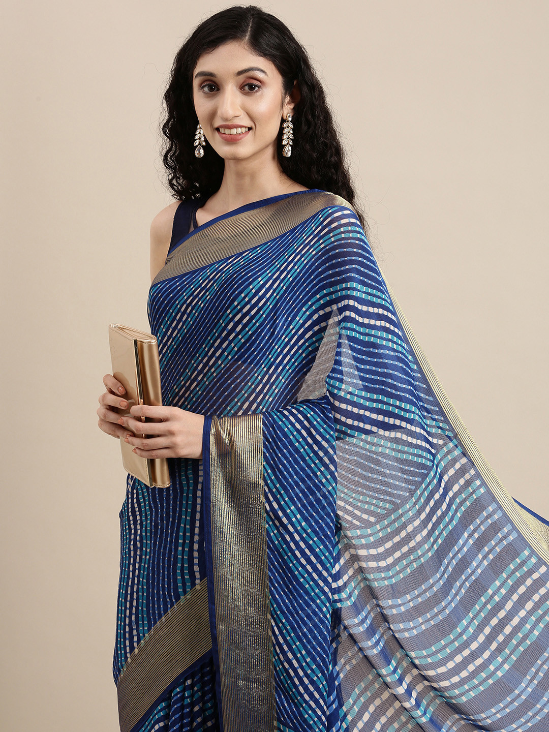 Mitera Blue & White Leheriya Print Celebrity Pure Chiffon Saree