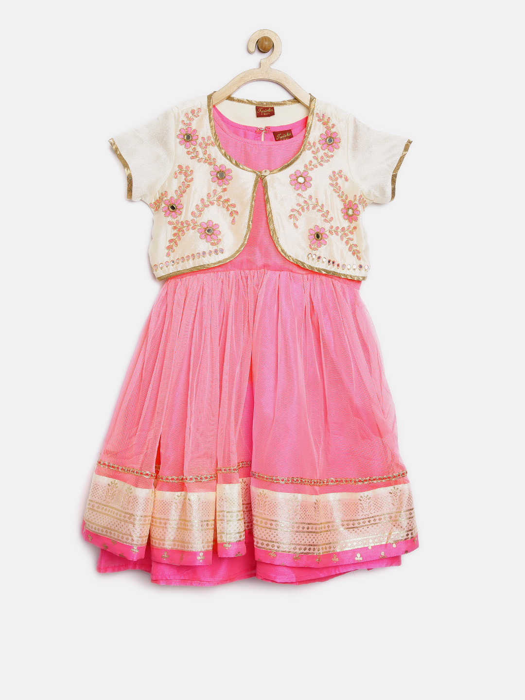Twisha Girls Pink Fit & Flare Dress with Ethnic Jacket