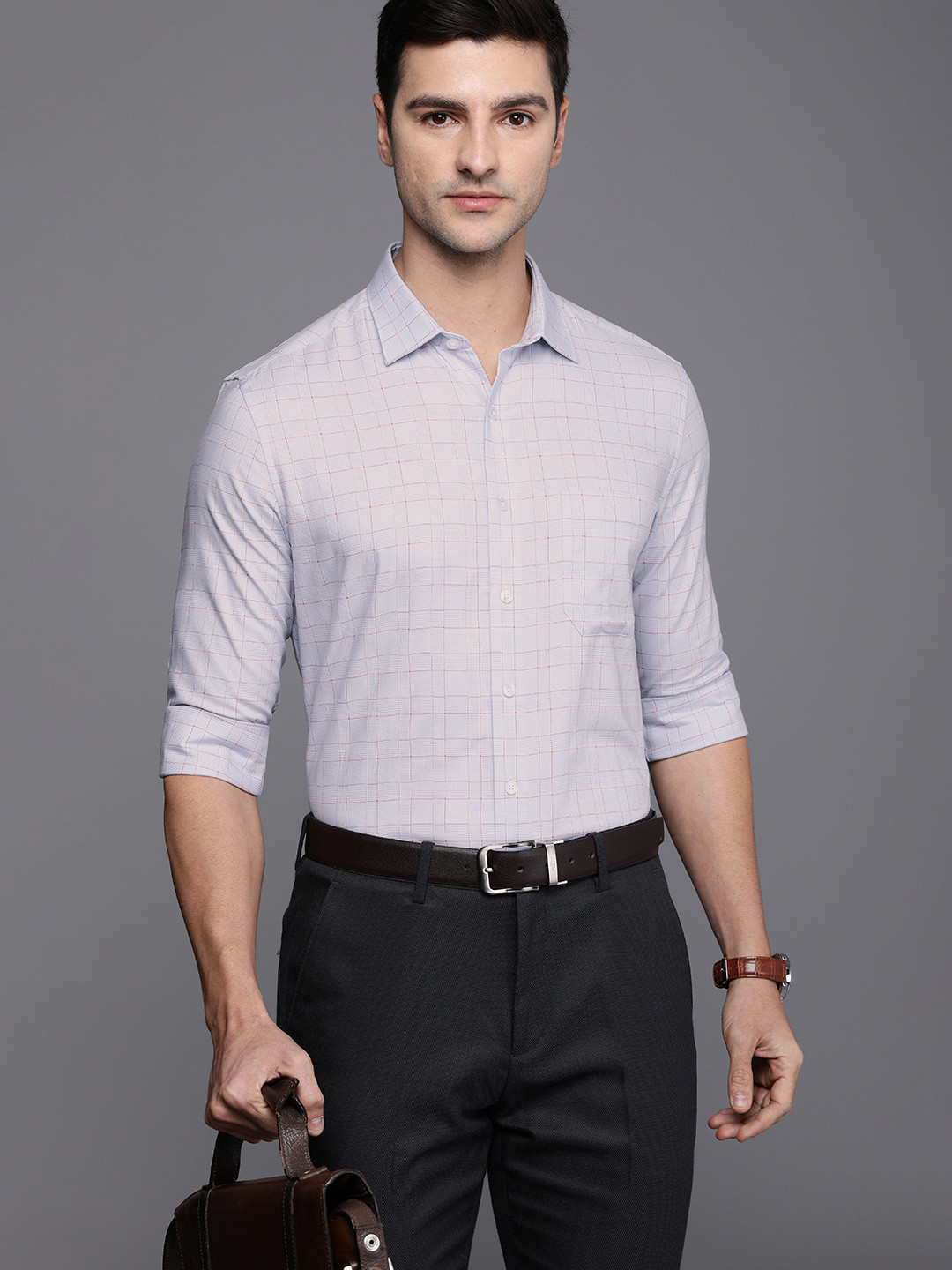 Louis Philippe Men Grey Slim Fit Checked & Textured Opaque Premium Cotton Formal Shirt