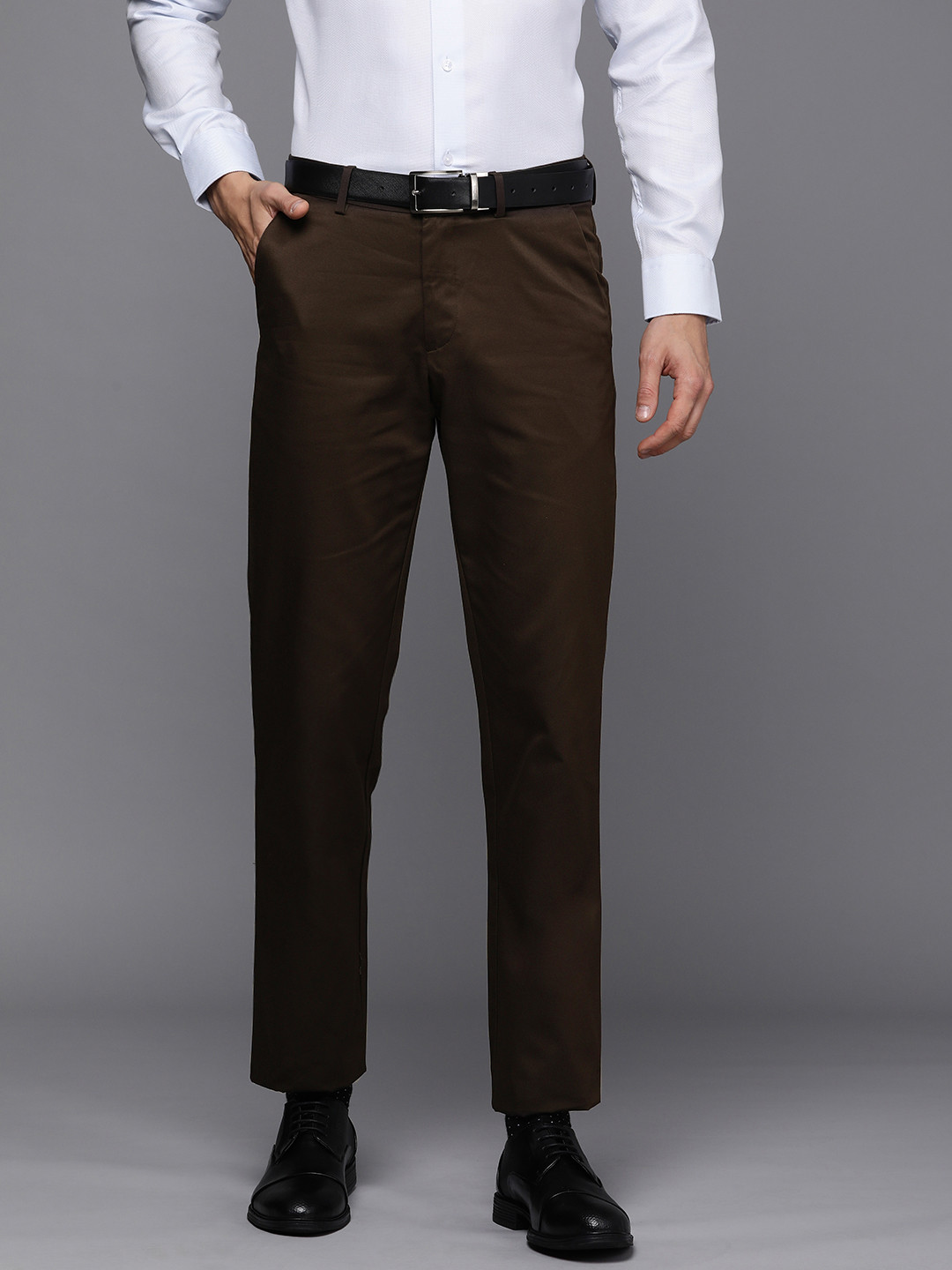 Louis Philippe Men Brown Slim Fit Mid-Rise Plain Formal Flat-Front Pure Cotton Chinos