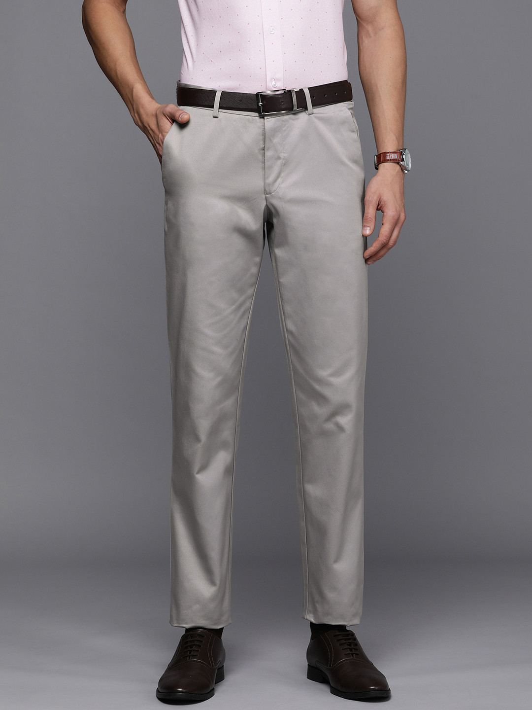 Louis Philippe Men Grey Slim Fit Mid-Rise Plain Formal Flat-Front Pure Cotton Chinos
