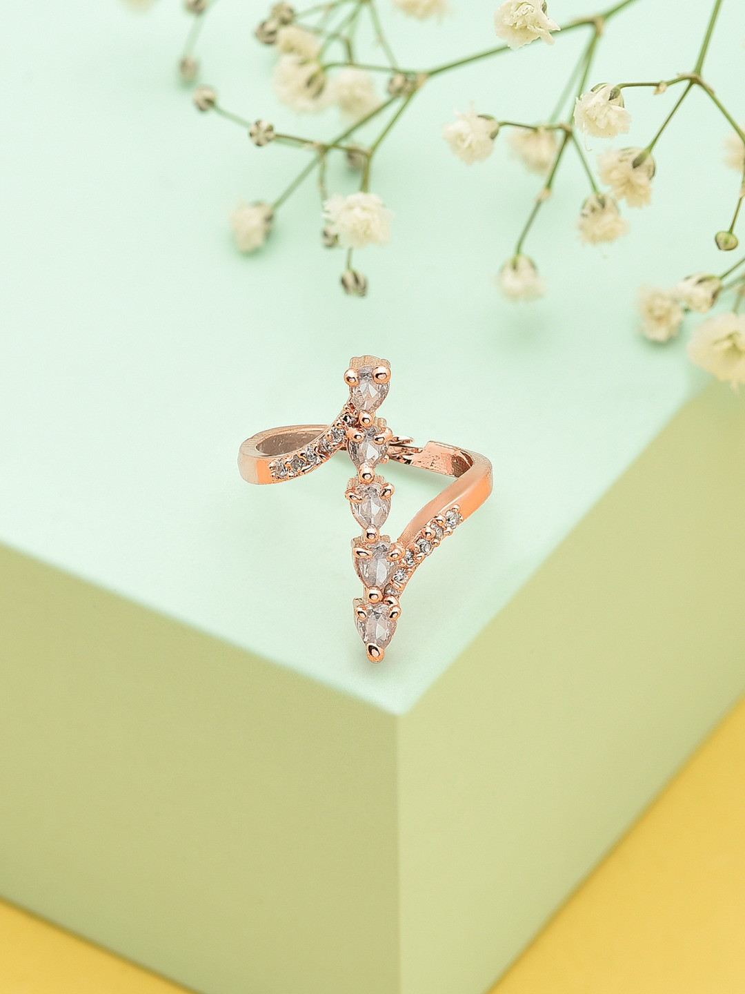 AMI Rose Gold-Plated White CZ Studded Designer Finger Ring