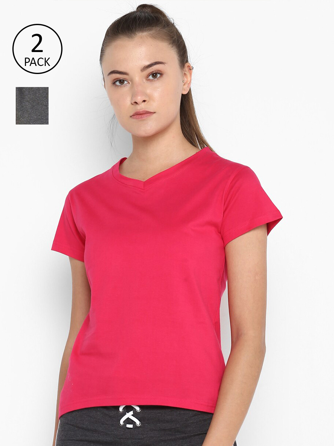 appulse Women Charcoal & Fuchsia Set Of 2 V-Neck Slim Fit Running T-shirt