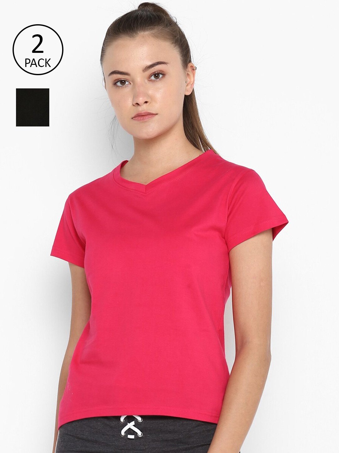 appulse Women Fuchsia & Black Set Of 2 V-Neck Slim Fit Running T-shirt