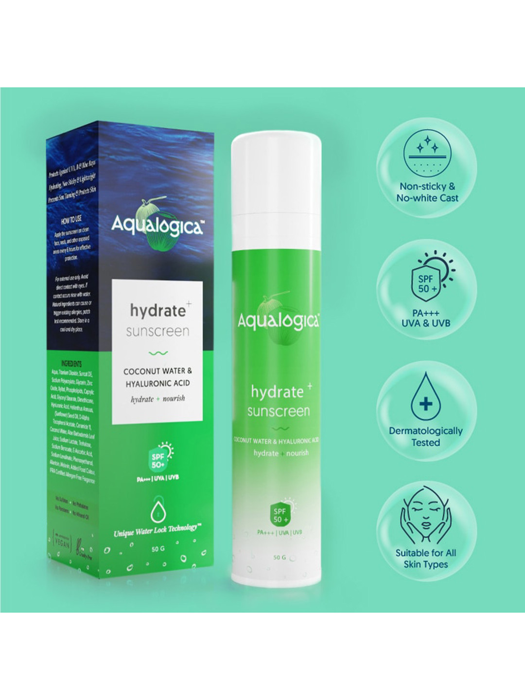 Aqualogica Hydrate+ SPF 50 PA+++ Dewy Sunscreen For UVA/B & Blue Light Protection - 50 g