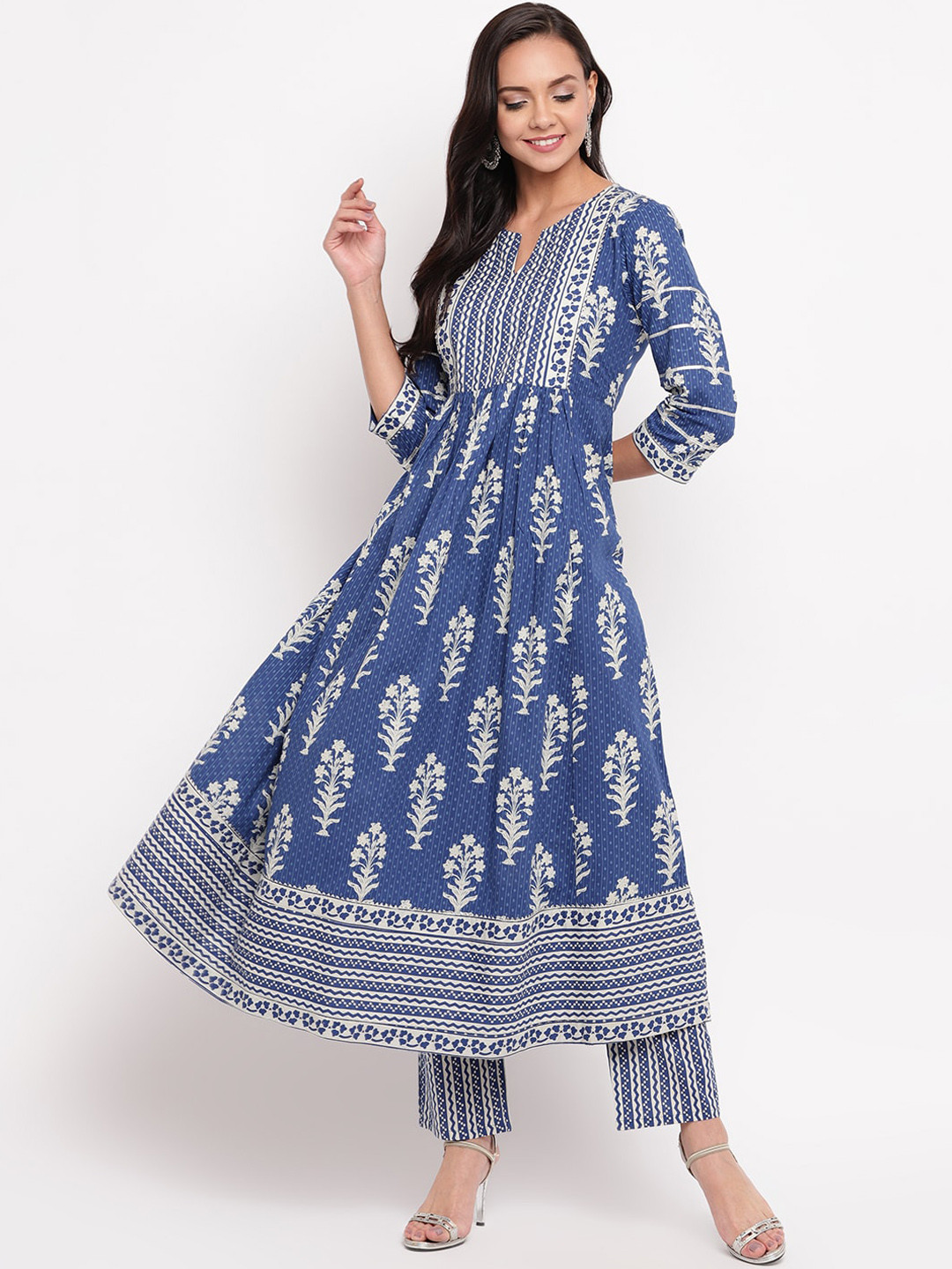 Jaipur Morni Women Blue Floral Printed Pleated Sequinned Pure Cotton Kurta with Trousers