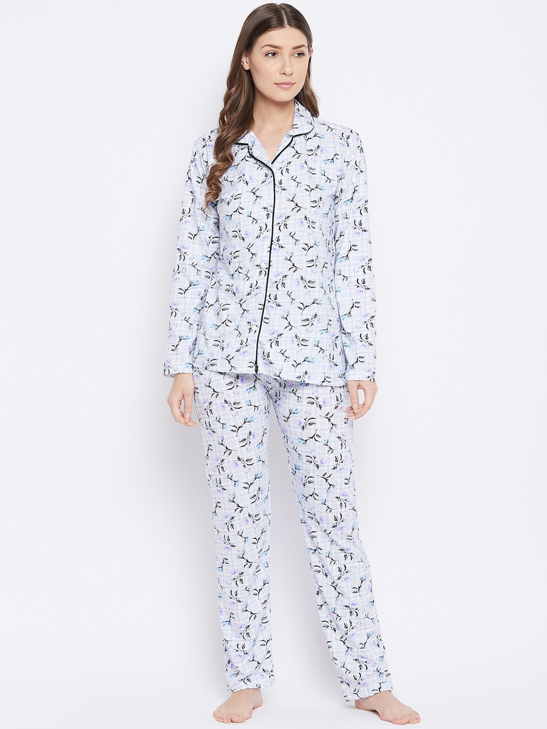 Camey Women White & Purple Cotton Printed Night suit