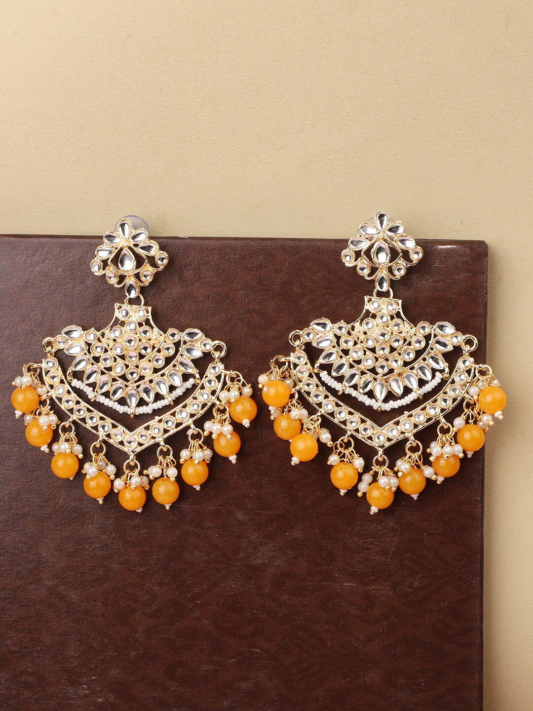 ANIKAS CREATION Gold-Plated White & Yellow Stone Studded & Beaded Chandbalis Earrings