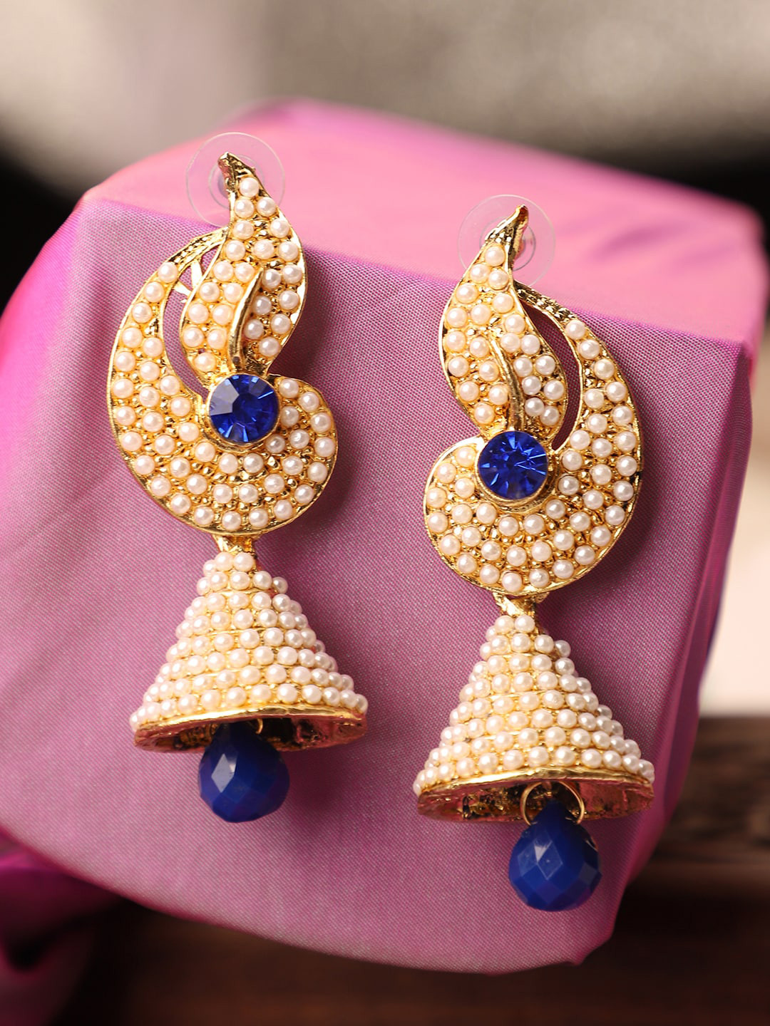 ANIKAS CREATION Blue White Pearl Studded Jhumkas Earrings