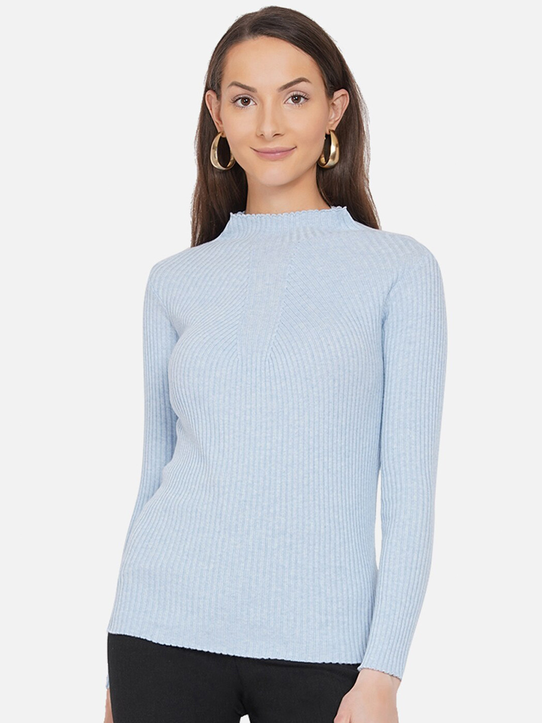 ARMISTO Women Blue Ribbed Cotton Pullover