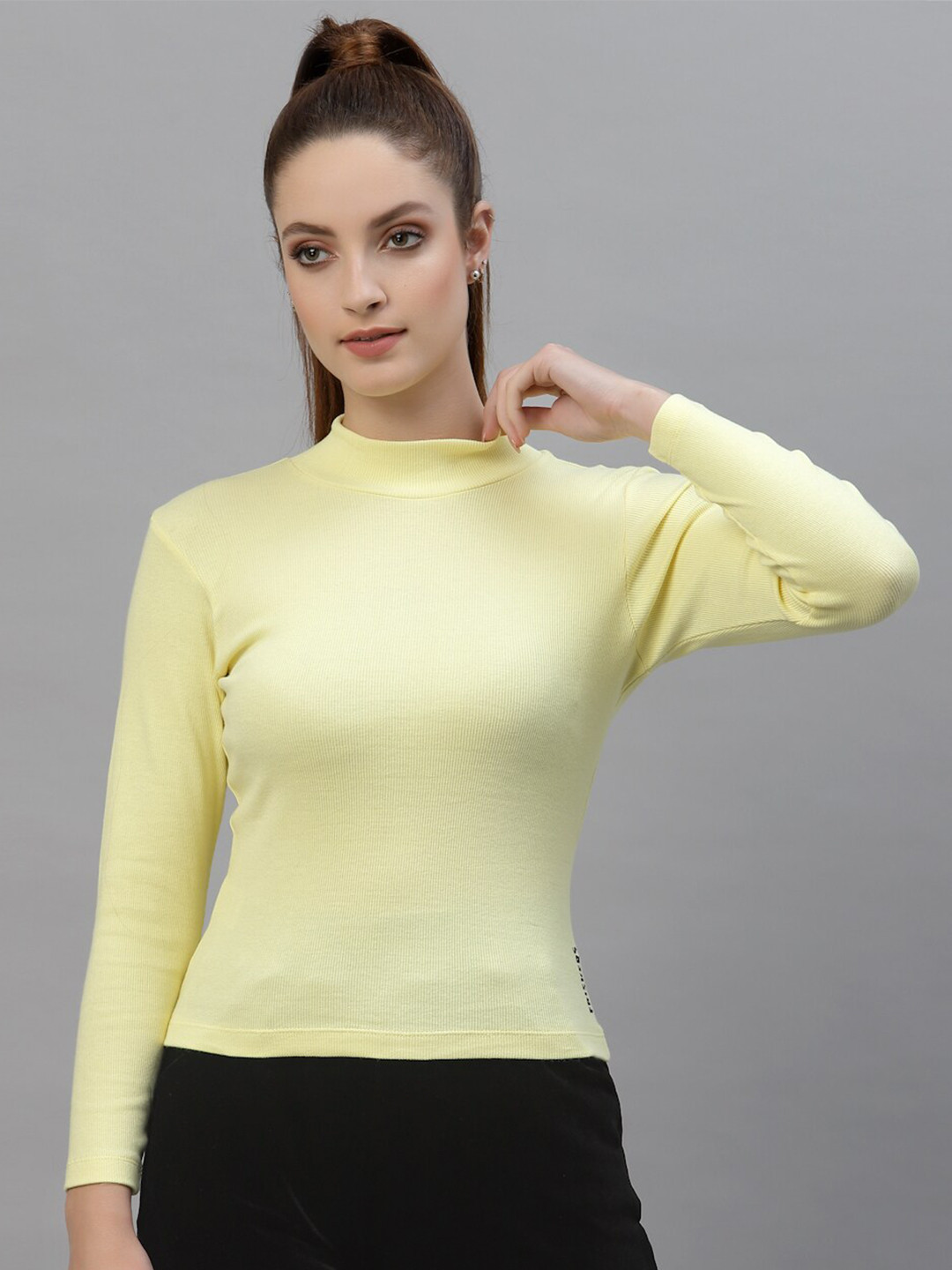 Friskers Yellow Ribbed High Neck Fitted Top