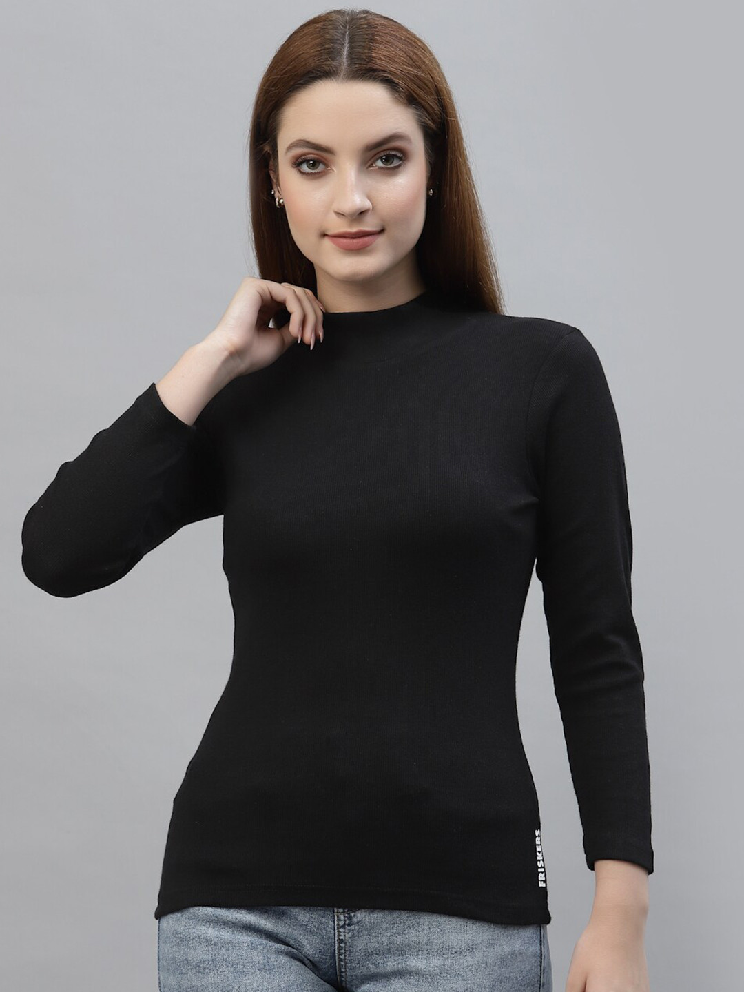 Friskers Black Solid Turtle Neck Regular Top
