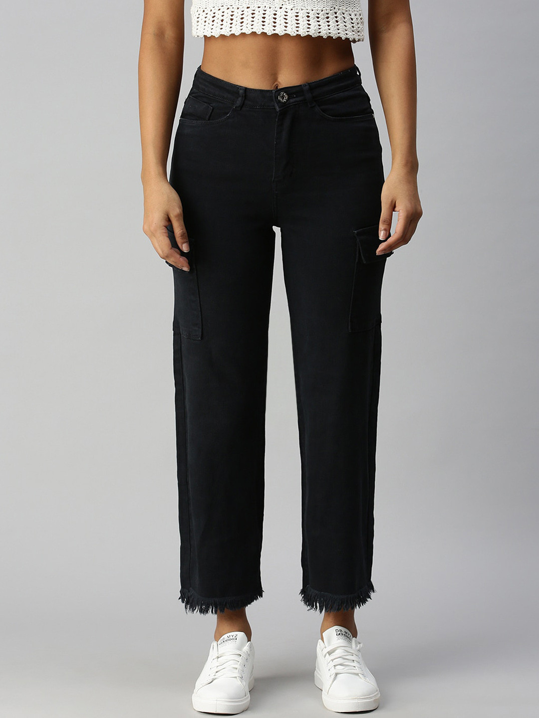 SHOWOFF Women Charcoal Grey Wide Leg High-Rise Stretchable Jeans