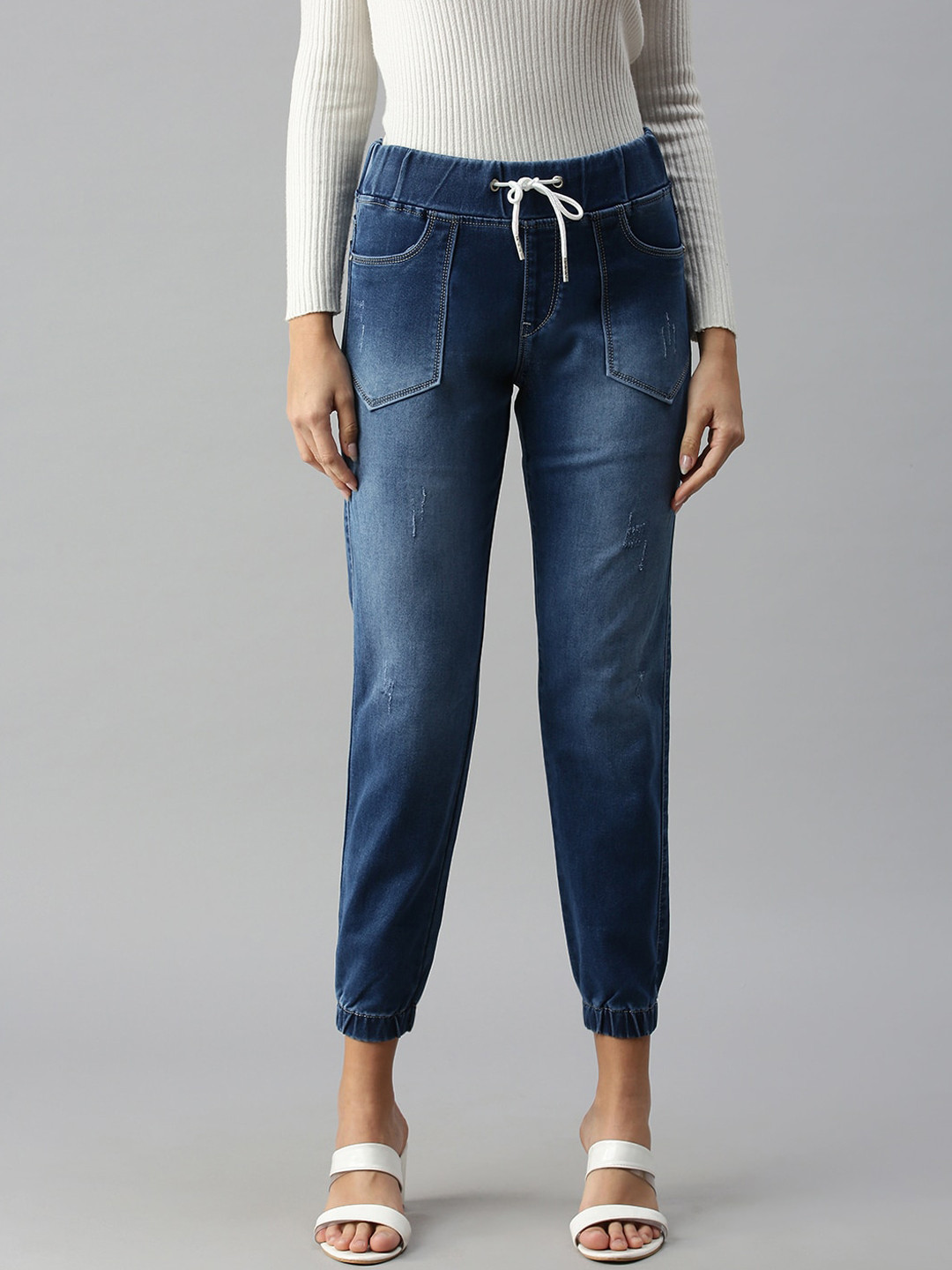SHOWOFF Women Blue High-Rise Light Fade Cuffed Hem Stretchable Jogger