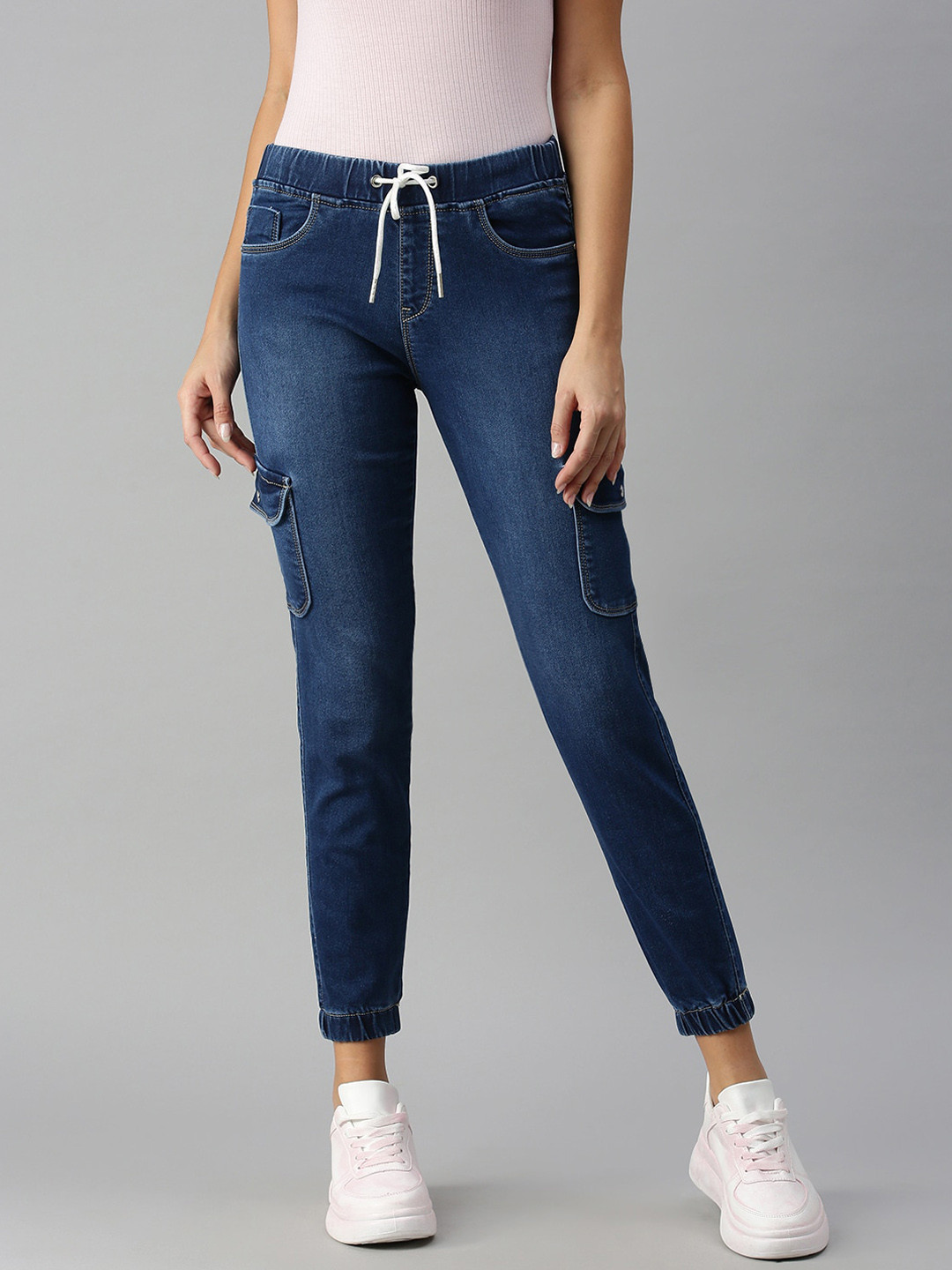 SHOWOFF Women Blue Jogger High-Rise Light Fade Cuffed Hem Stretchable Jeans