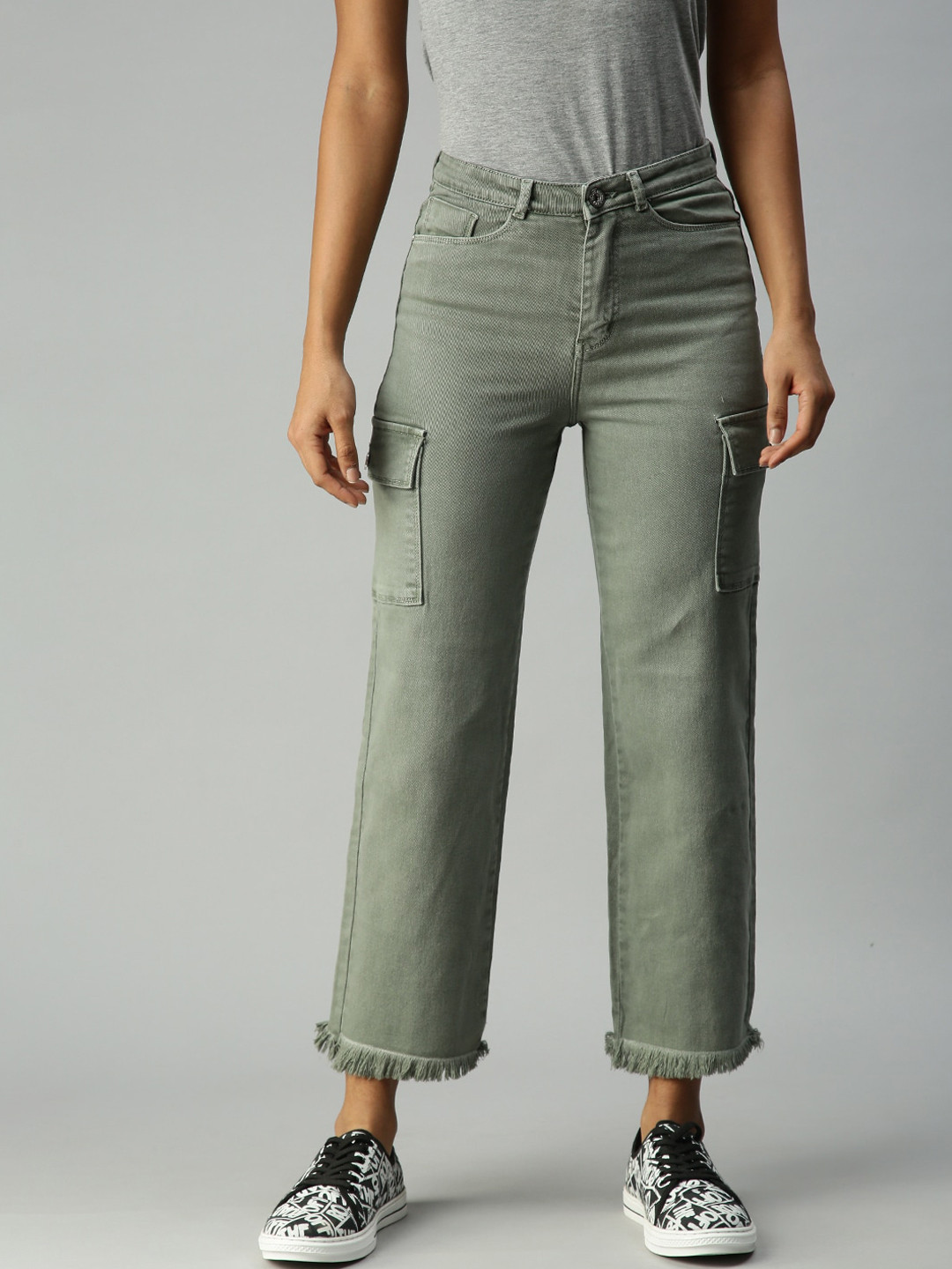 SHOWOFF Women Olive Green Wide Leg High-Rise Stretchable Jeans