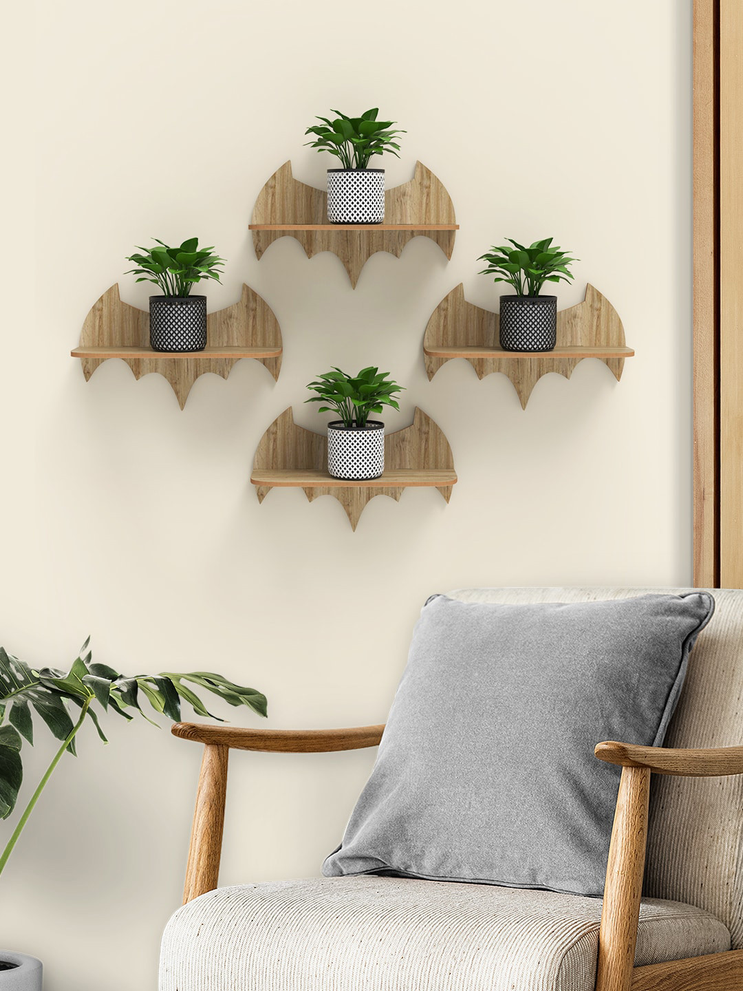 Home Sparkle Set Of 4 Brown Bat Shaped MDF Wall Shelves