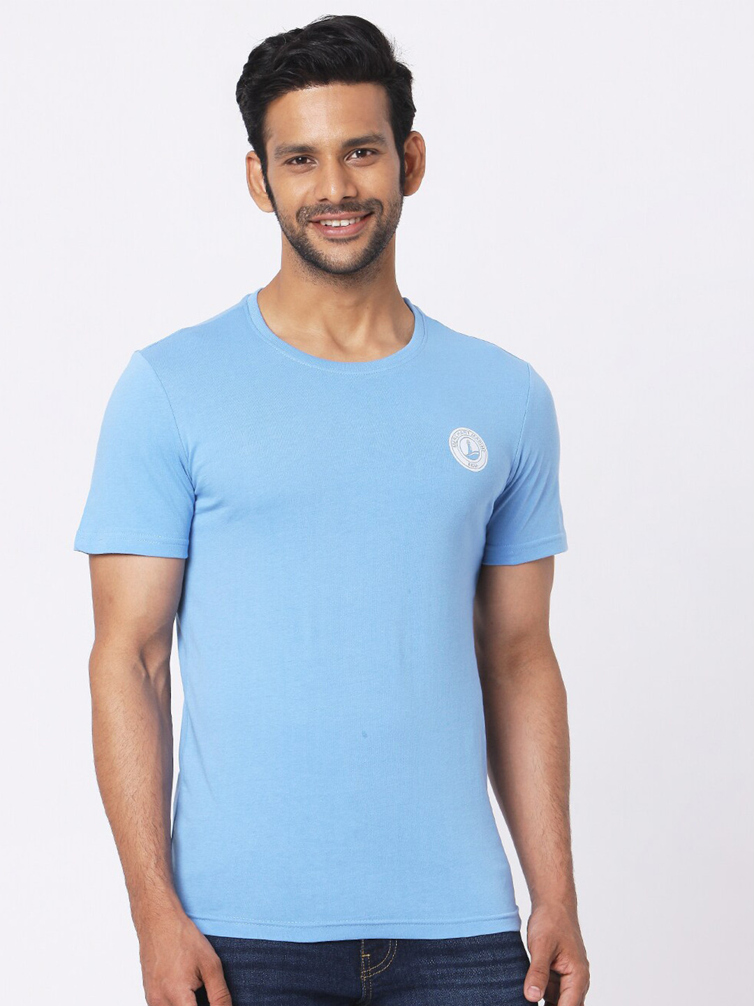 MERCHANT MARINE Men Blue Pure Cotton Applique T-shirt