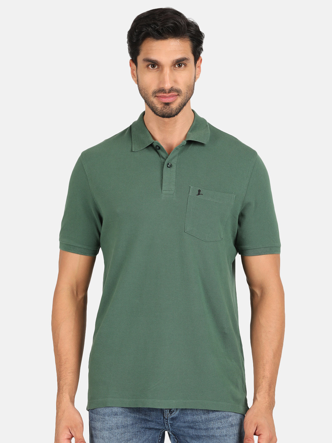 MERCHANT MARINE Men Green Mandarin Collar Pure Cotton Outdoor T-shirt