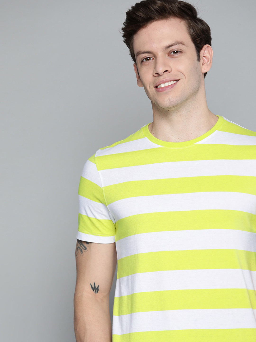 Mast & Harbour Men Lime Green & White Striped T-shirt