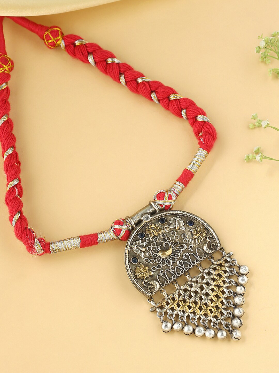 VIRAASI Red & Silver-Toned Brass Necklace