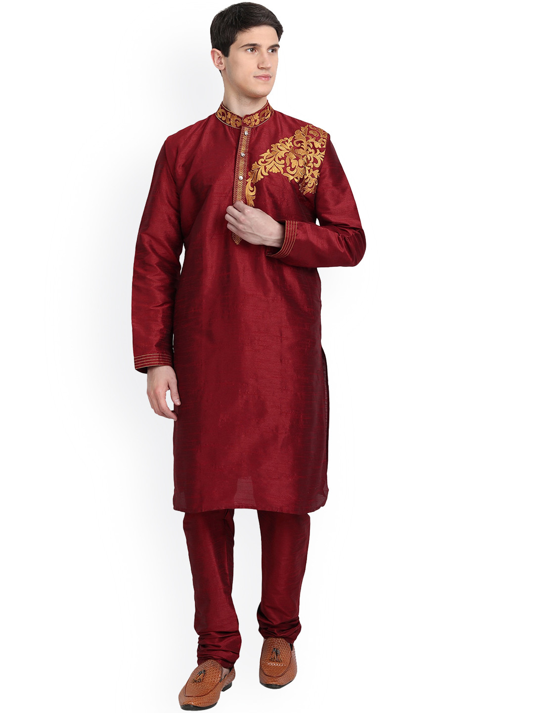 Enciger Men Red Thread Work Dupion Silk Kurta with Pyjamas