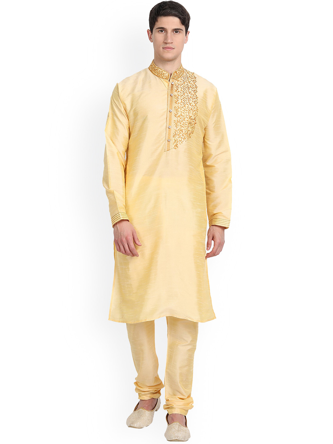 Enciger Men Gold-Toned Embroidered Thread Work Dupion Silk Kurta with Churidar