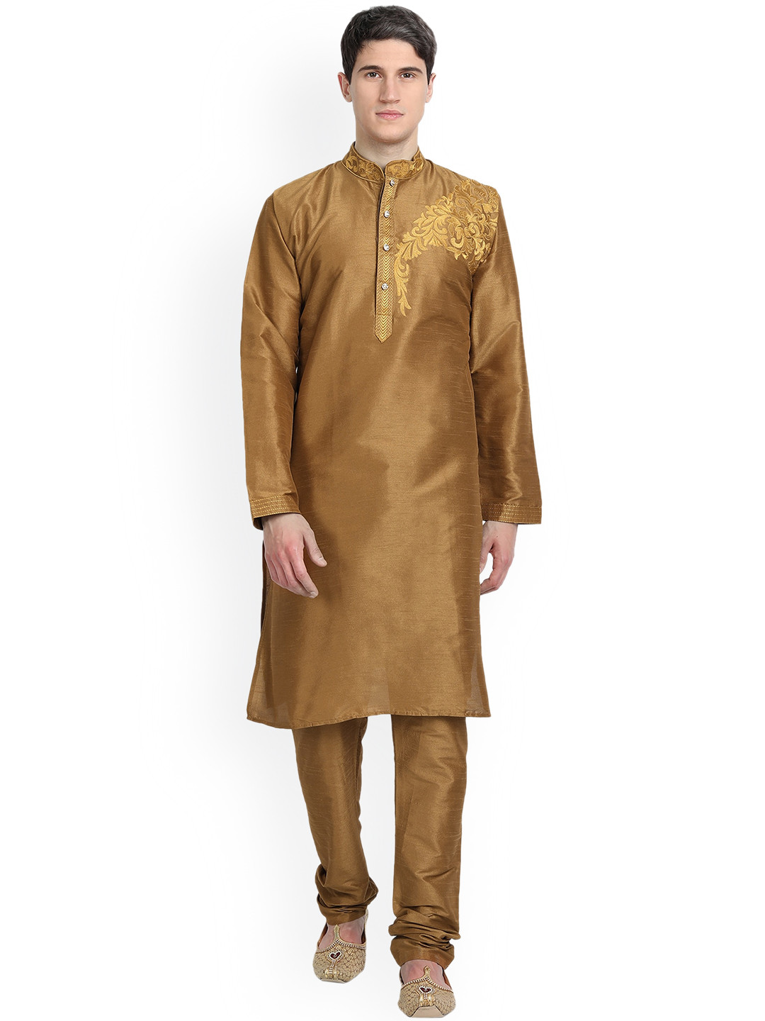 Enciger Men Brown Ethnic Motifs Embroidered Thread Work Dupion Silk Kurta with Pyjamas