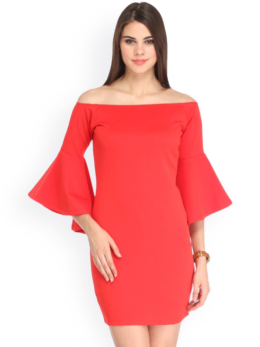 Cation Women Red Solid Off-Shoulder Sheath Dress