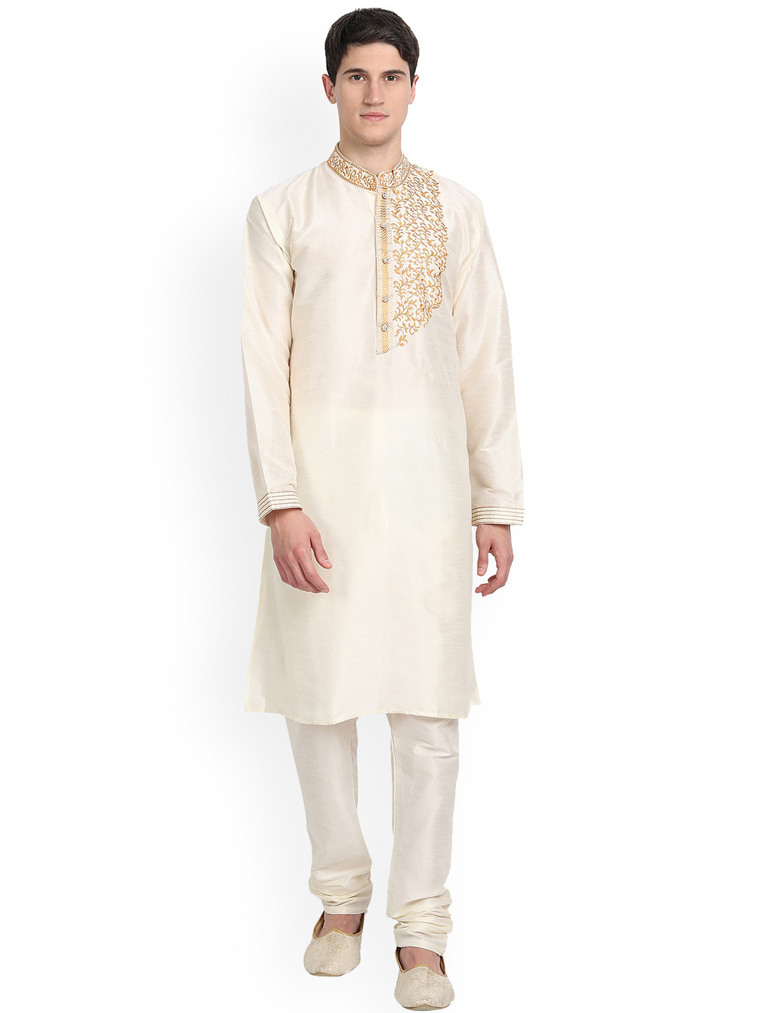 Enciger Men Off White Embroidered Thread Work Dupion Silk Kurta with Churidar