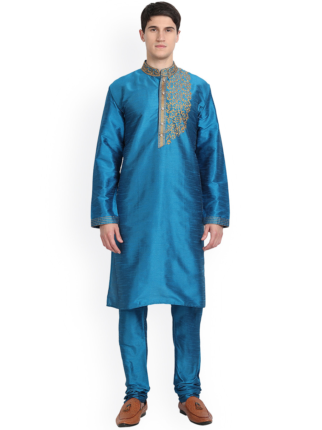 Enciger Men Turquoise Blue Floral Embroidered Thread Work Dupion Silk Kurta with Churidar