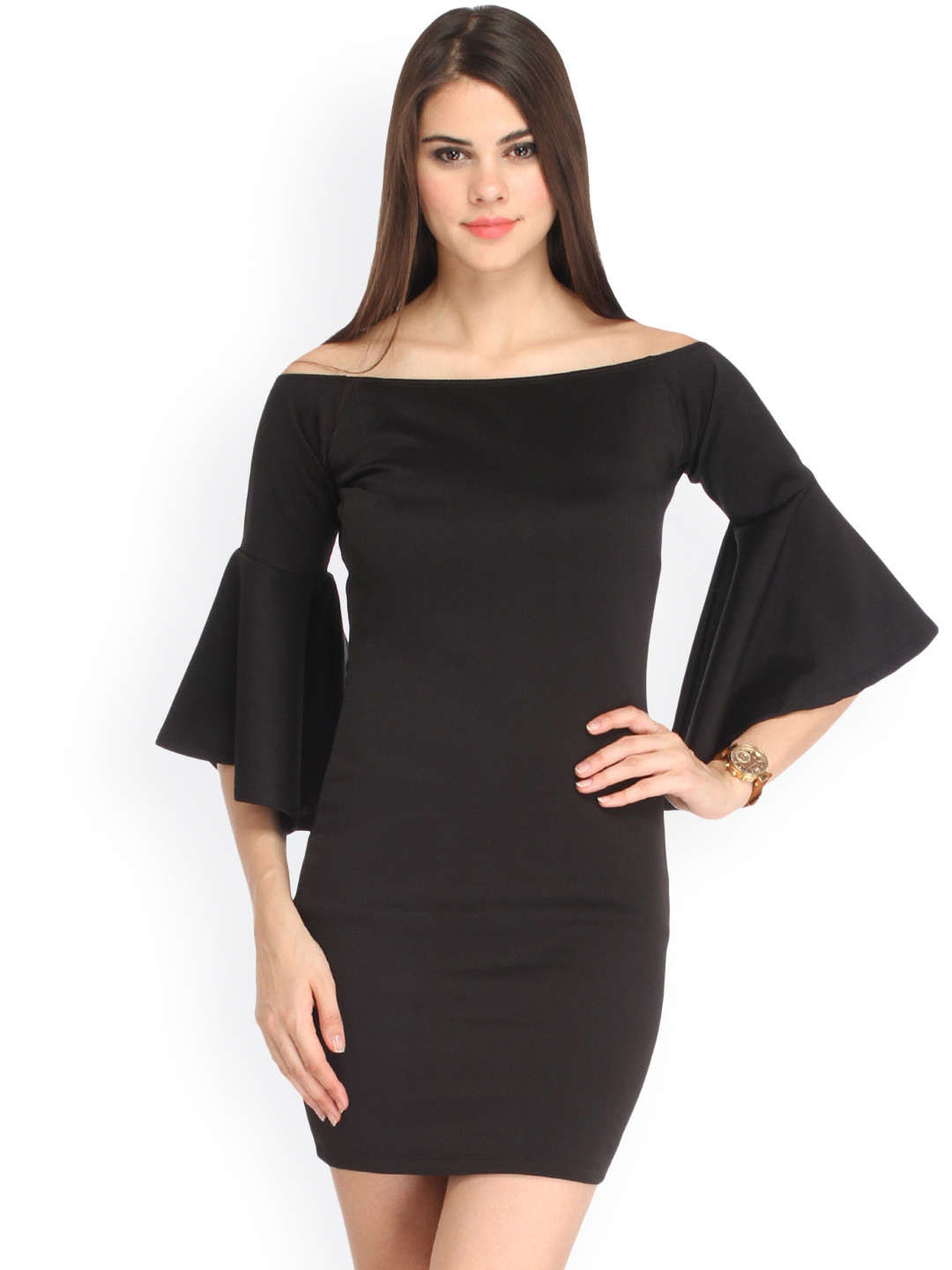 Cation Women Black Solid Off-Shoulder Sheath Dress