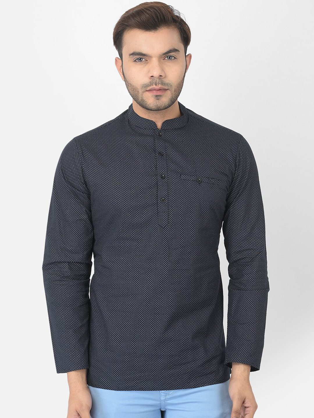 DEYANN Men Navy Blue & White Printed Kurta