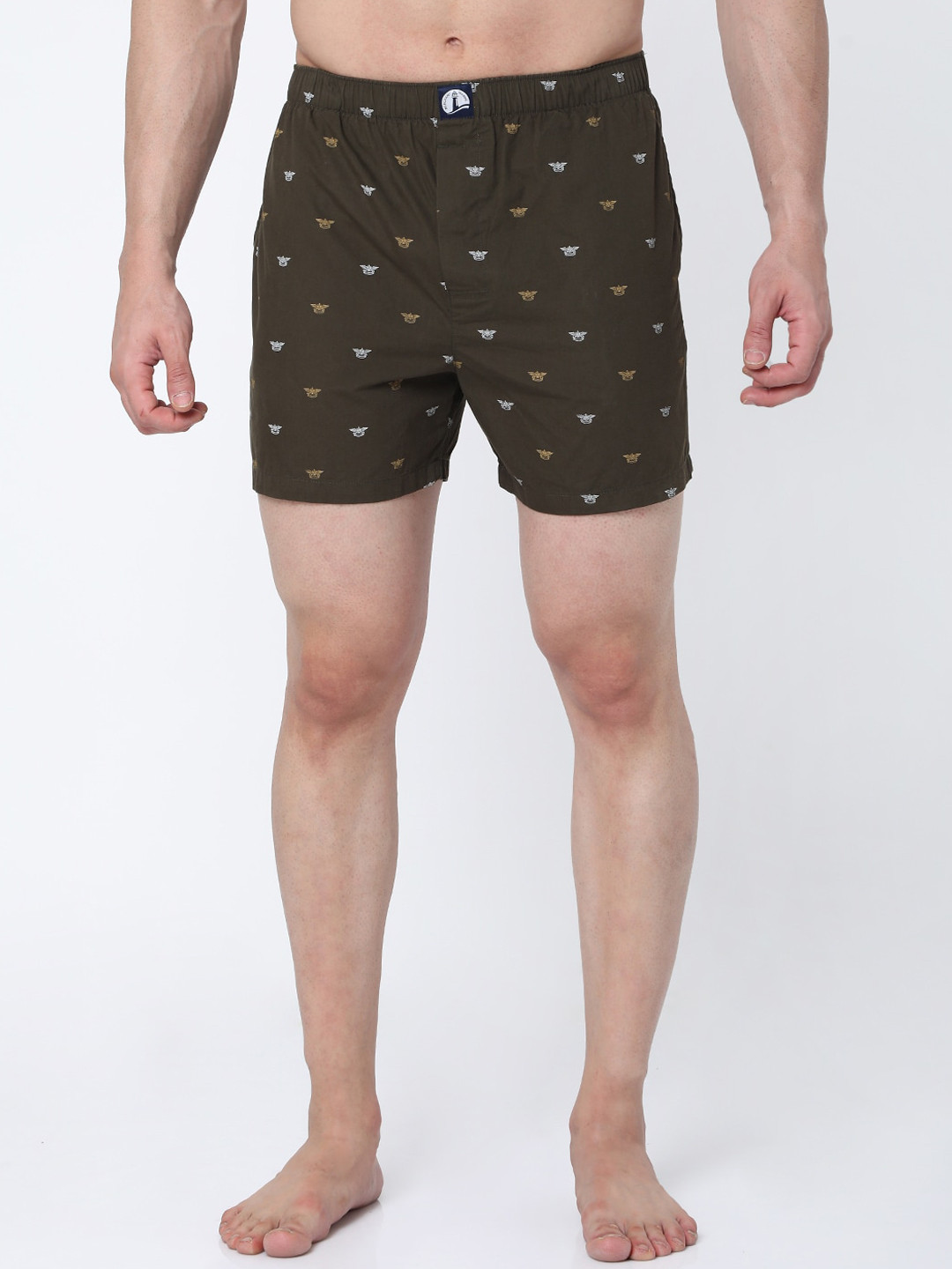 MERCHANT MARINE Men Olive Brown & White Printed Pure Cotton Boxers