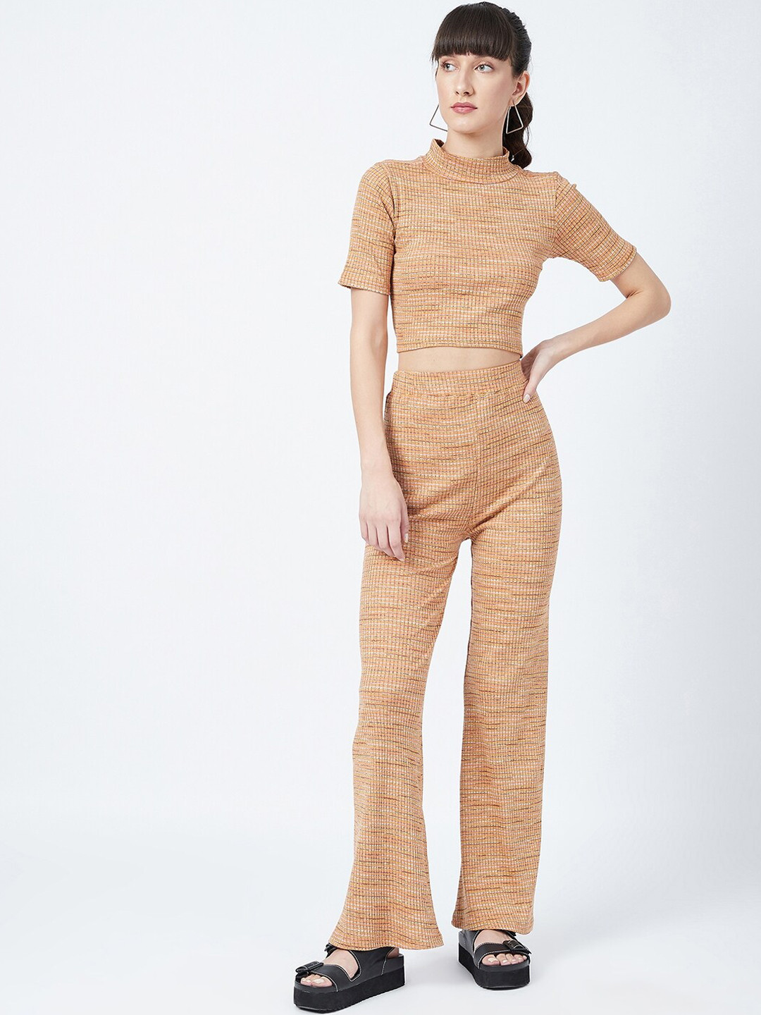 DELAN Women Orange Striped Cotton Co-Ords