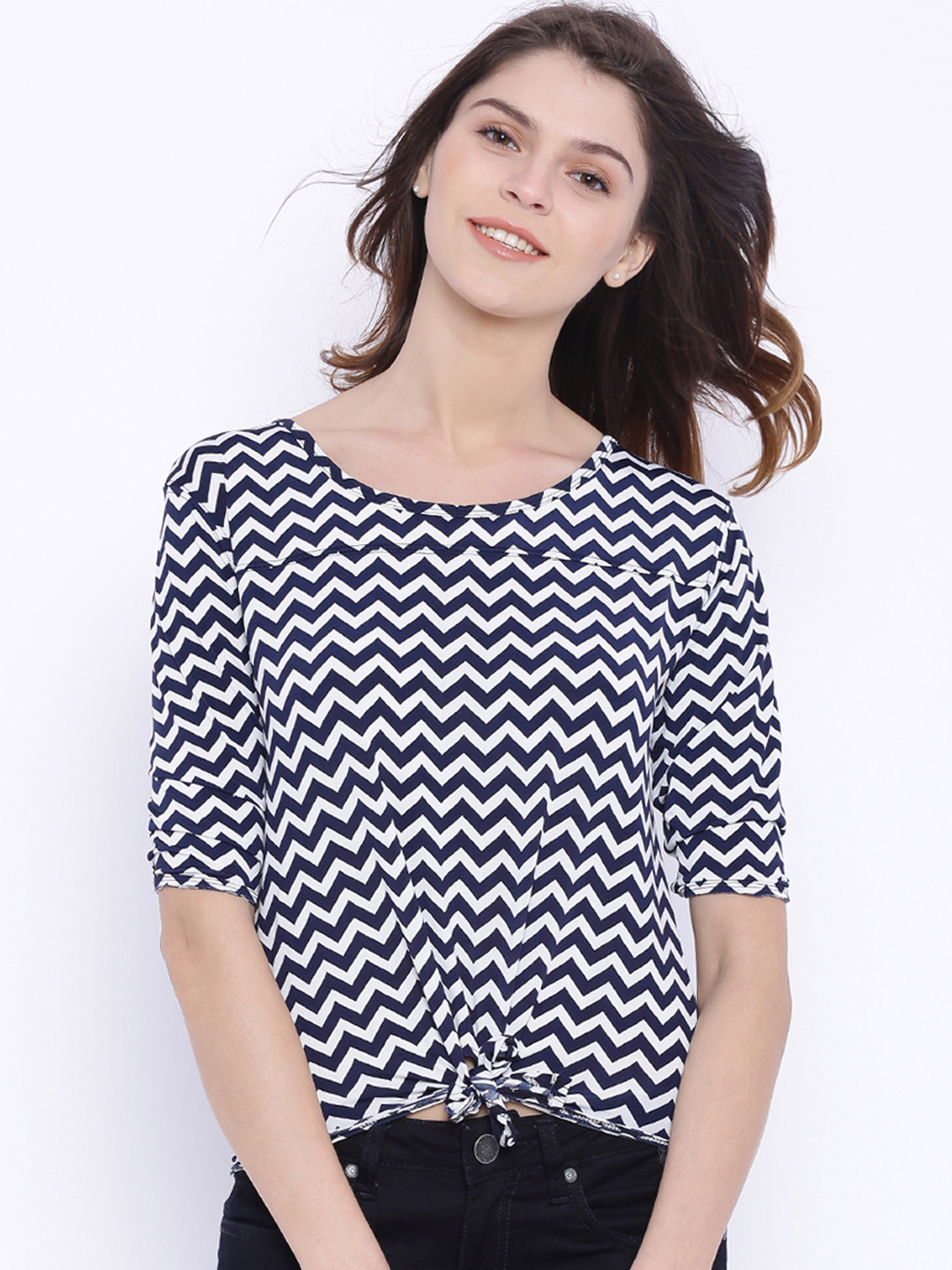 Campus Sutra Navy & White Chevron Print Pure Cotton Top