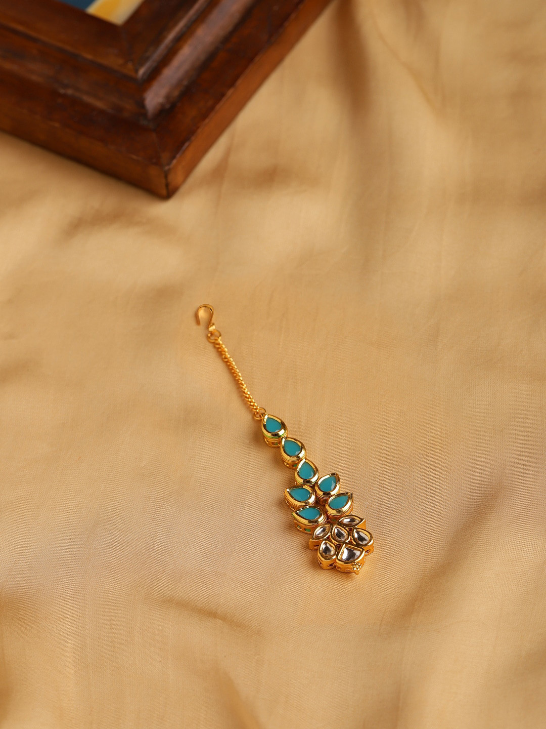 Ruby Raang Gold-Plated Turquoise Blue Kundan-Studded Maang Tikka