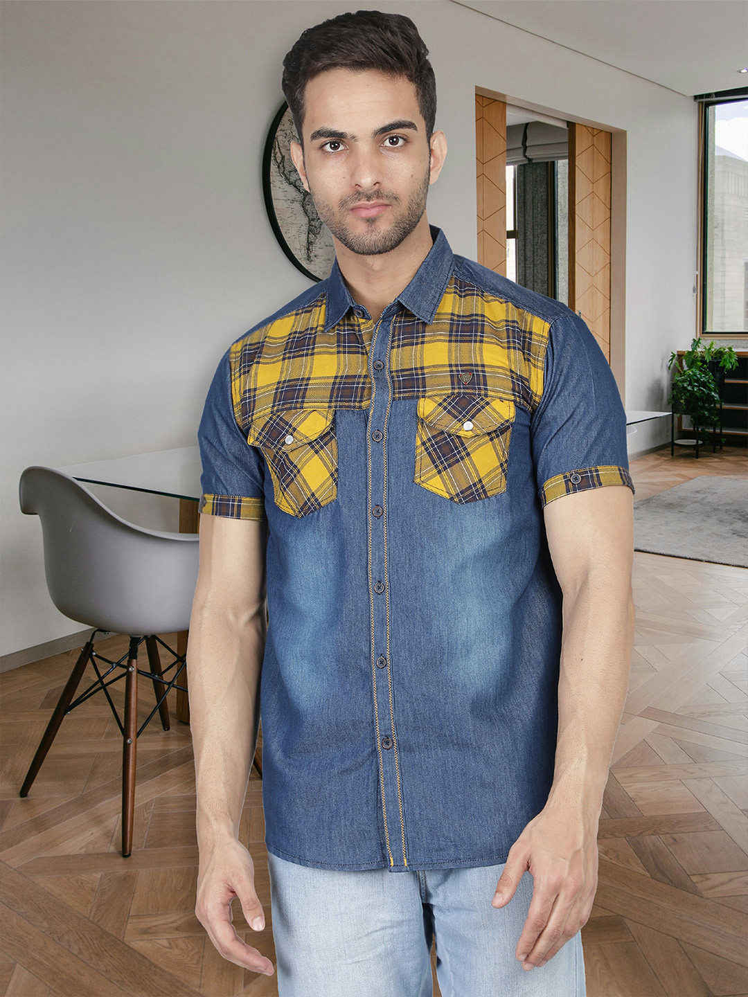 Kuons Avenue Men Yellow Smart Slim Fit Faded Checked Casual Shirt