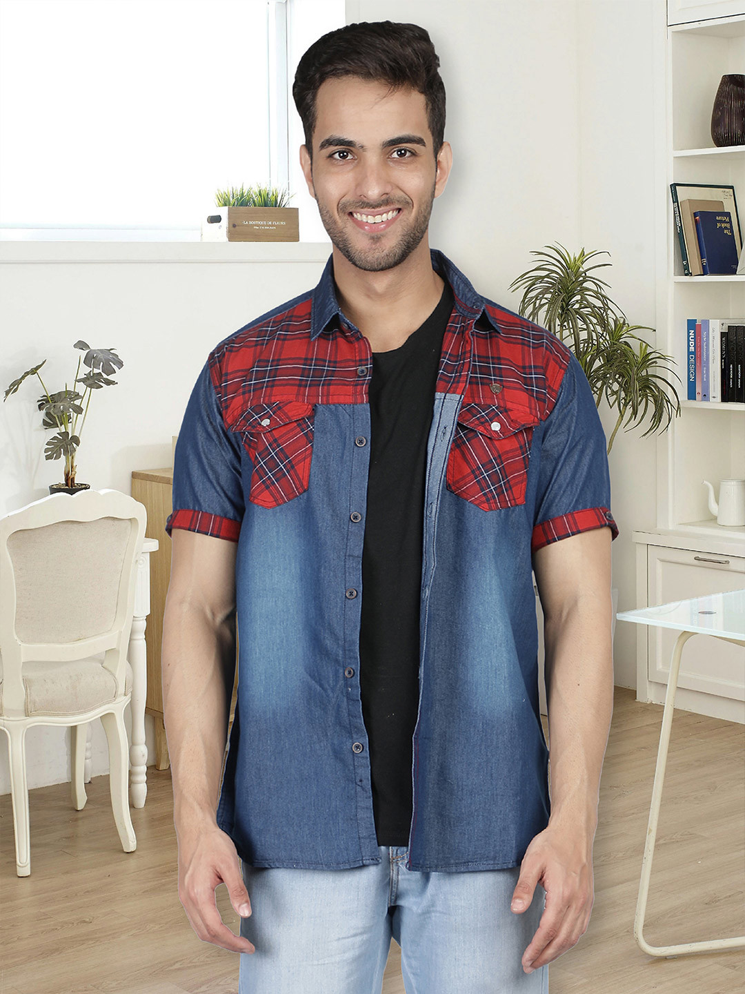 Kuons Avenue Men Blue & Maroon Smart Slim Fit Checked Cotton Casual Denim Shirt