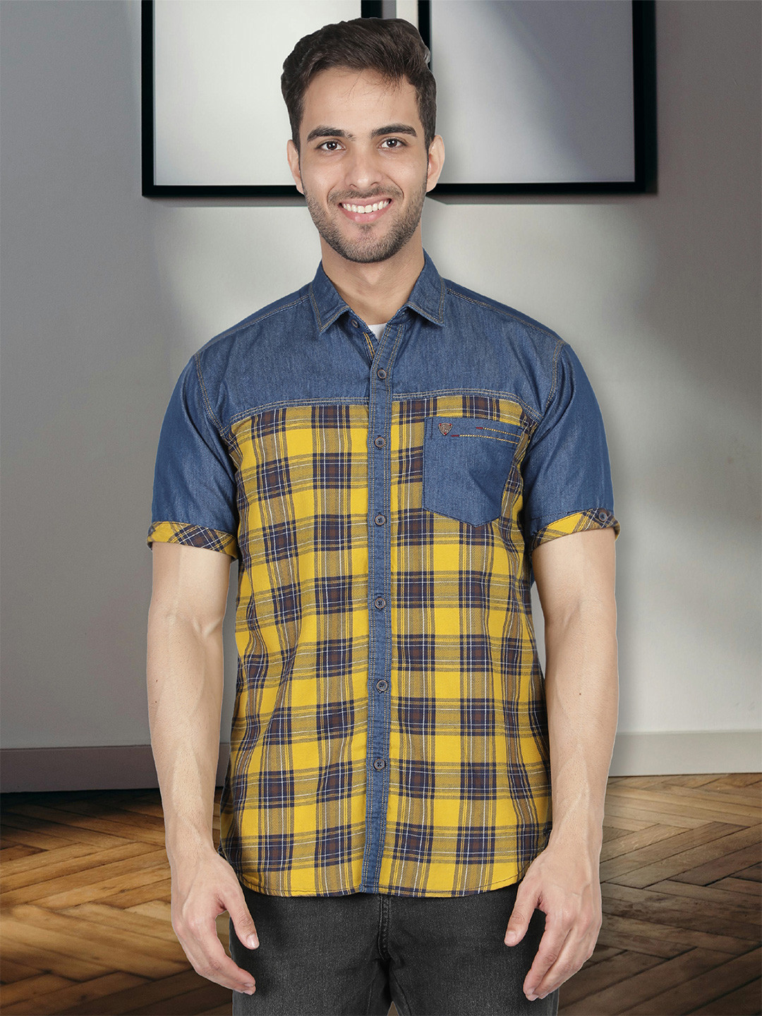 Kuons Avenue Men Yellow & Blue Denim Slim Fit Checked Casual Shirt
