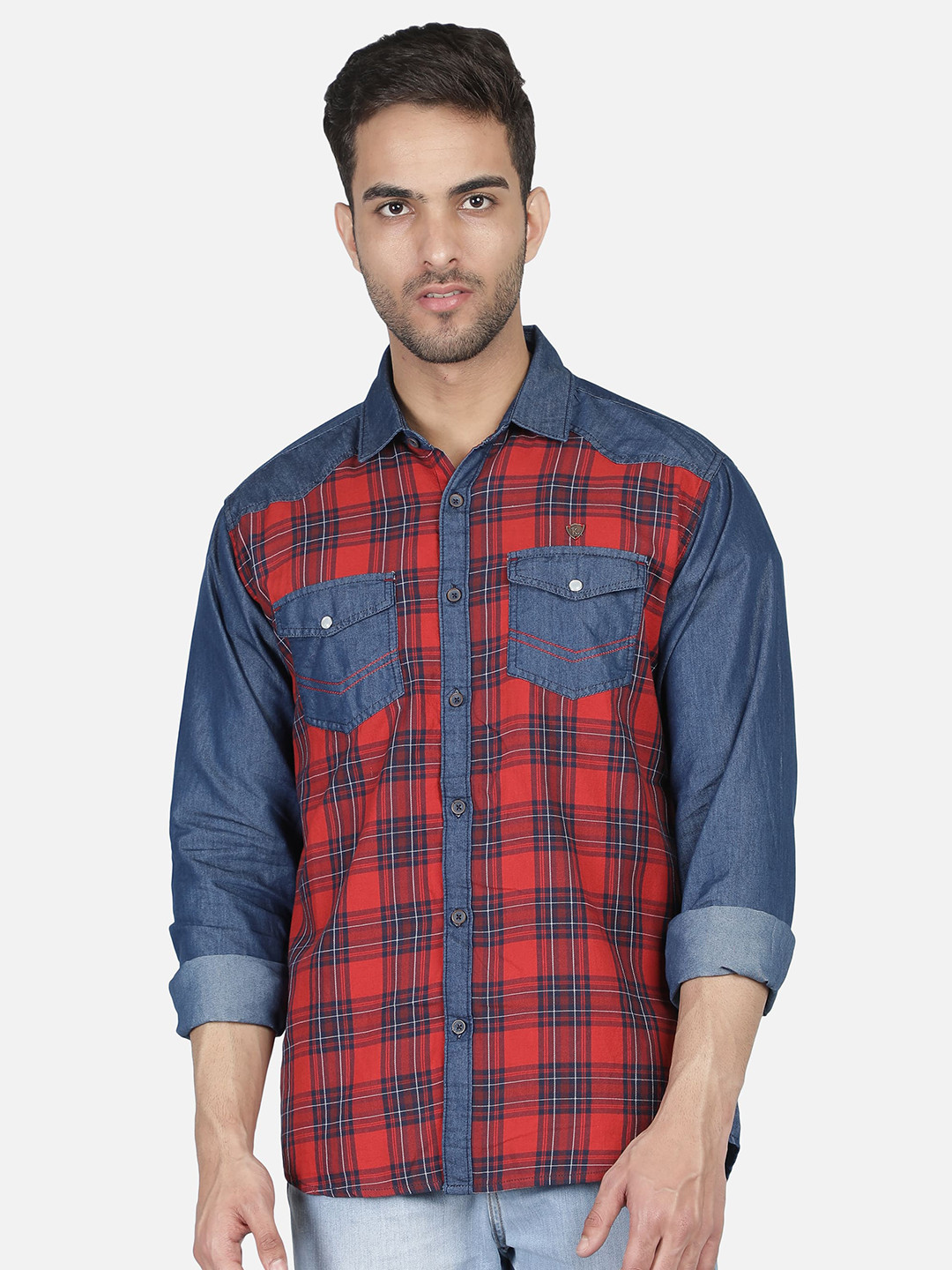 Kuons Avenue Men Red Smart Slim Fit Checked Denim Casual Shirt