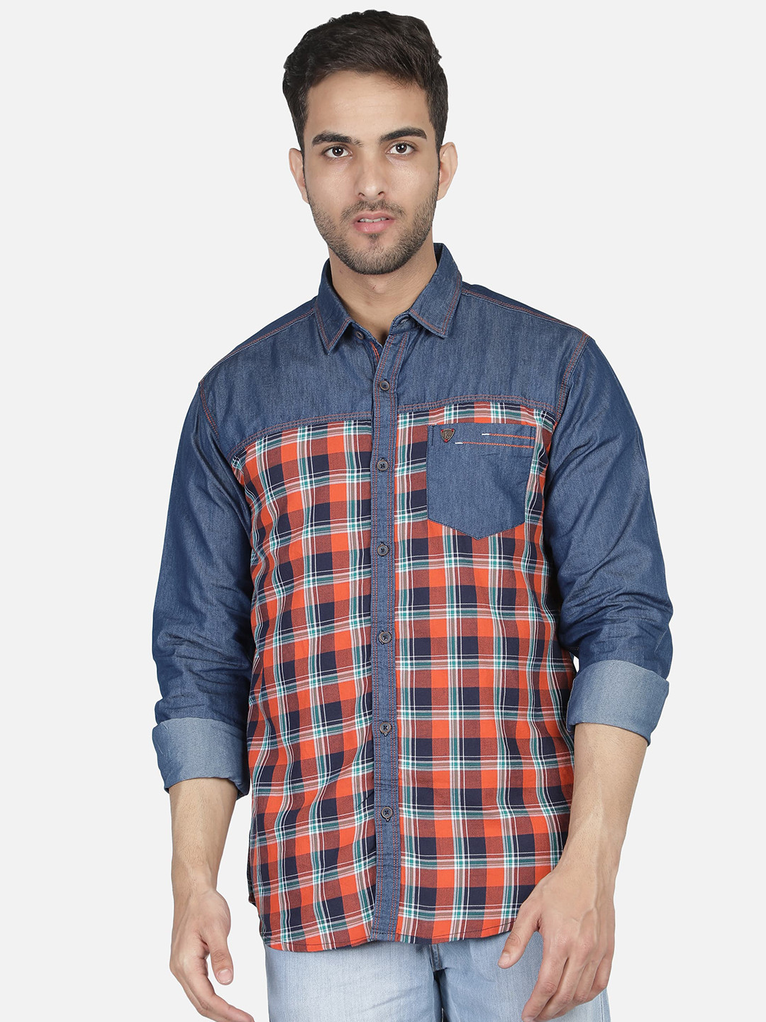 Kuons Avenue Men Orange Smart Slim Fit Checked Denim Casual Shirt