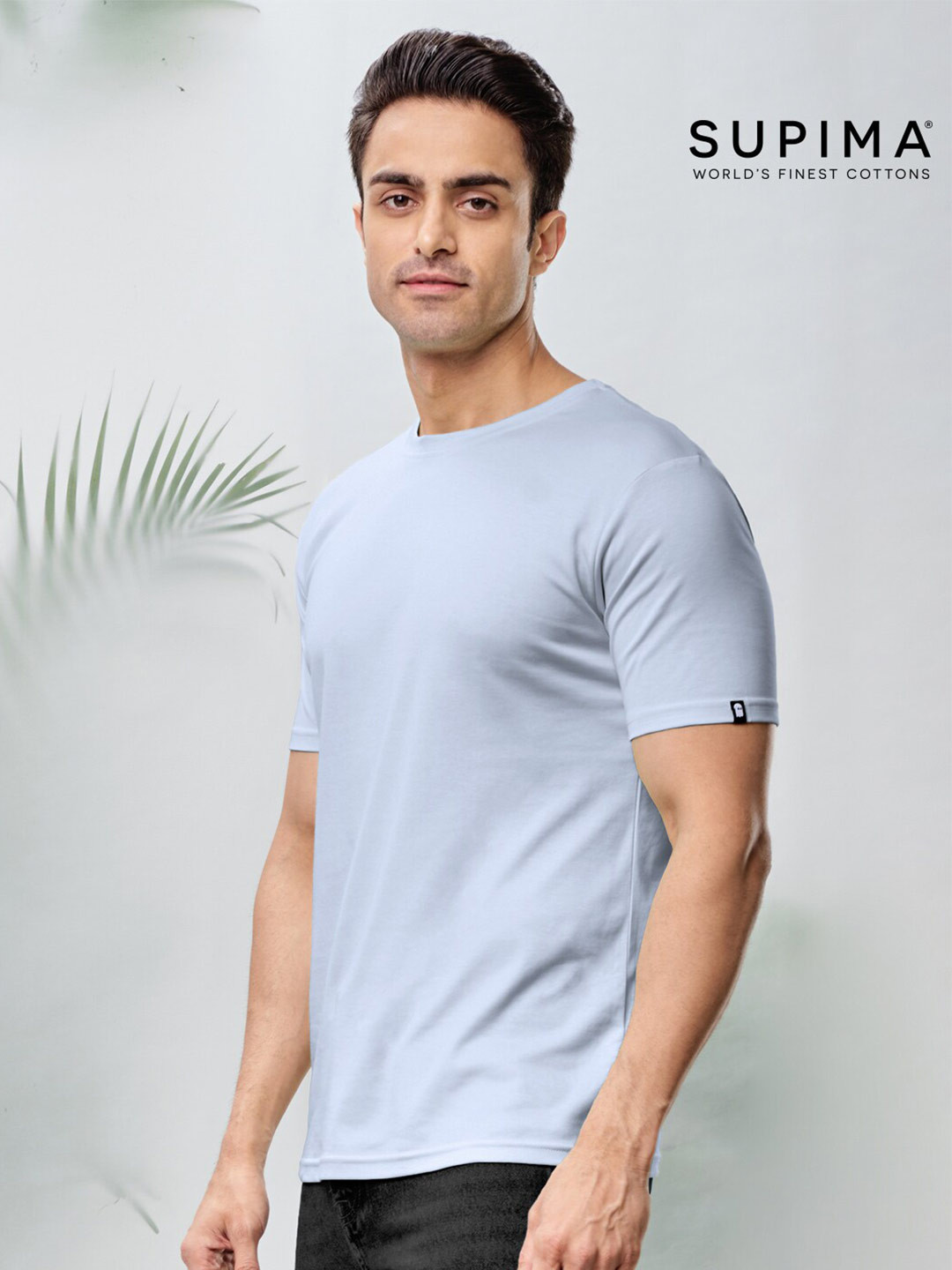 The Souled Store Men Blue Supima Powder Solid Cotton T-shirt